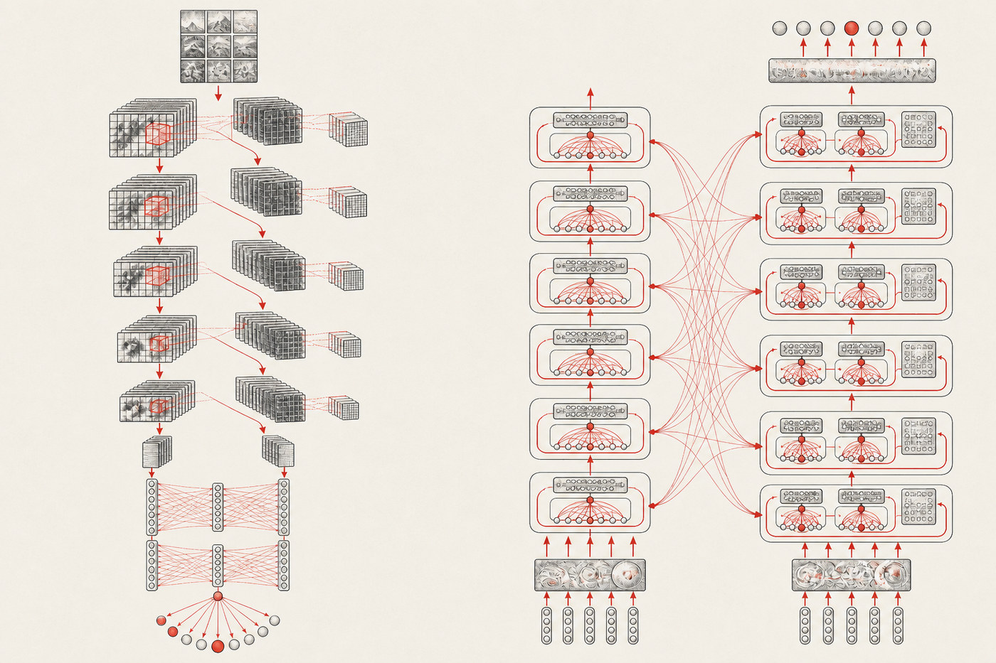 AlexNet’s convolutional feature hierarchy beside the Transformer’s encoder-decoder attention architecture.