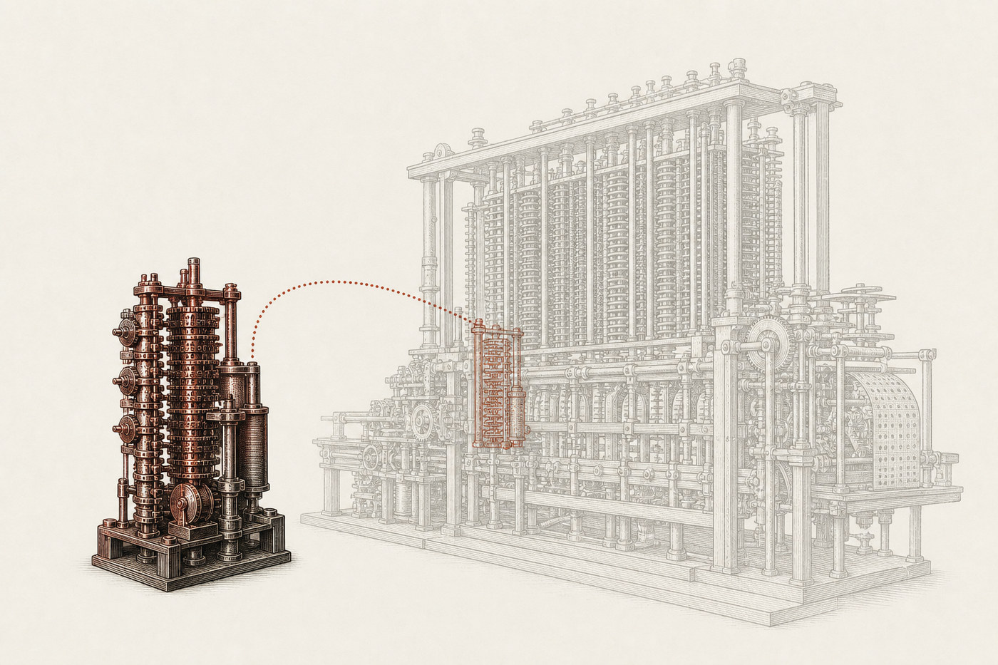 The small constructed Difference Engine fragment contrasted with a ghosted, unrealized larger engine.