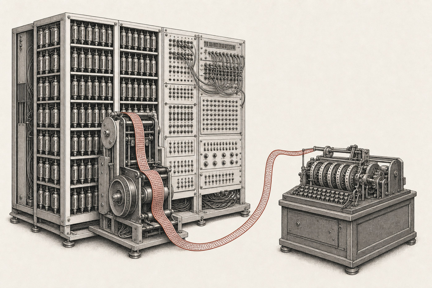 Lorenz teleprinter ciphertext on paper tape entering the valve racks of Colossus.