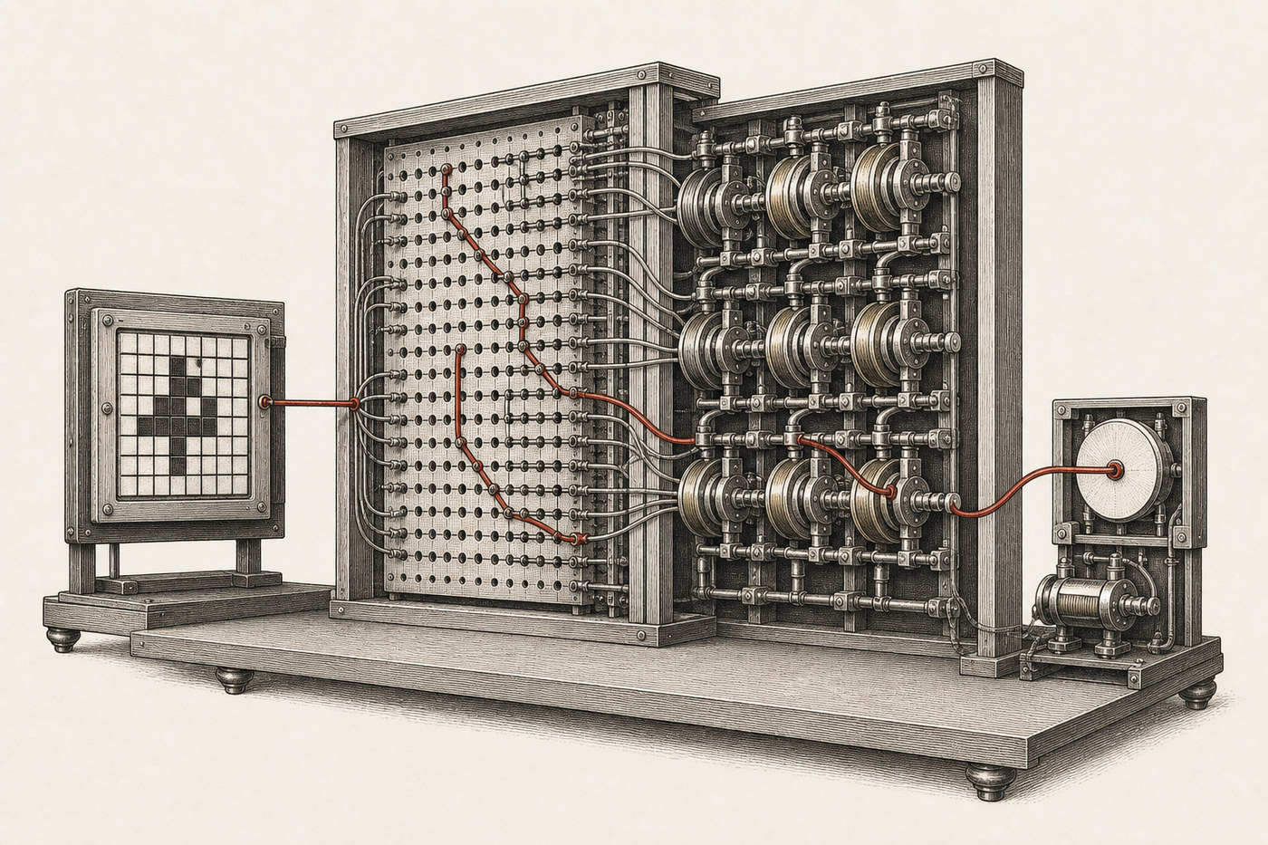 The physical Mark I Perceptron with sensory grid, weighted connections and response unit.