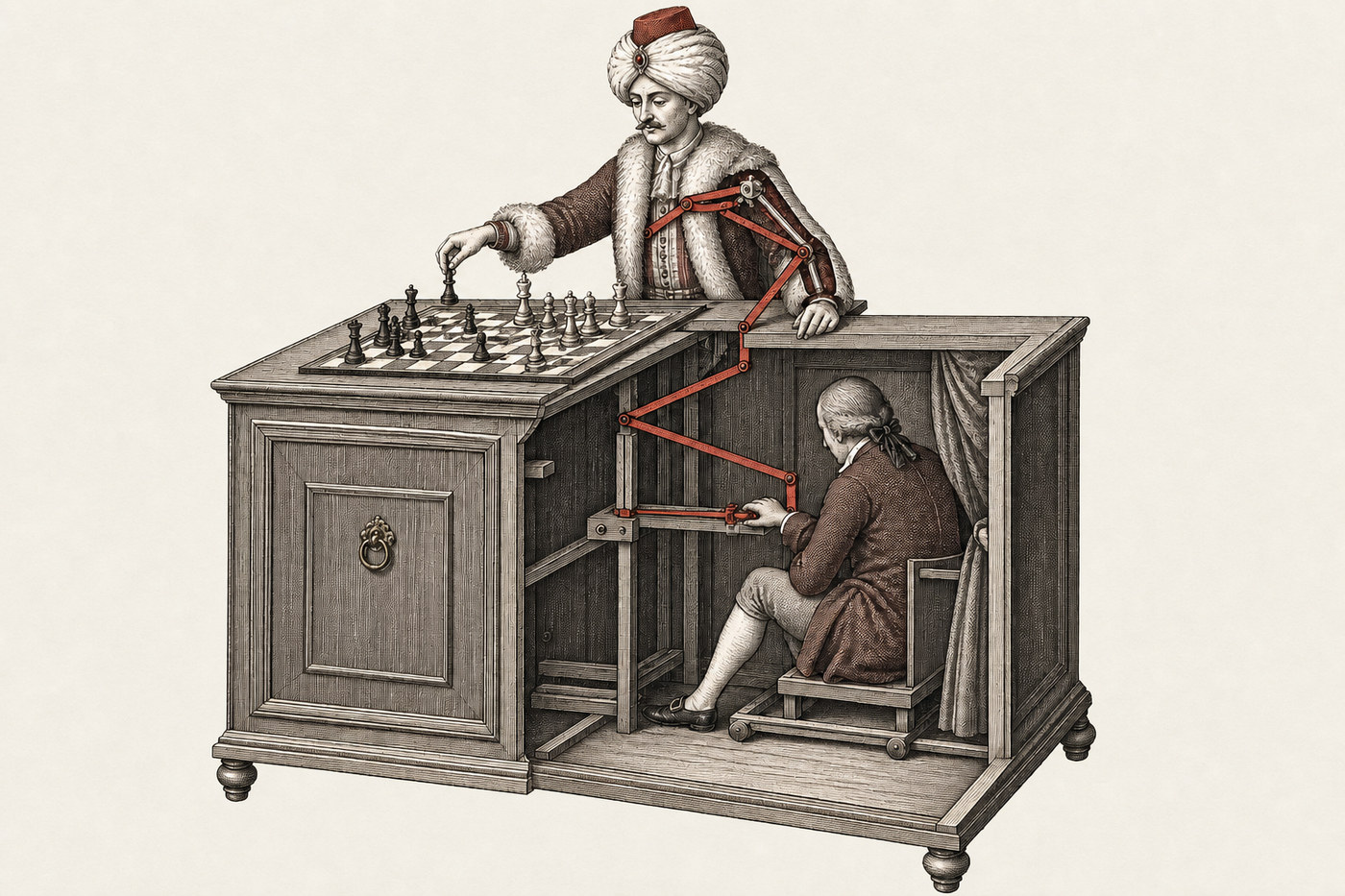The Mechanical Turk cut open to reveal the concealed chess master and pantograph linkage.