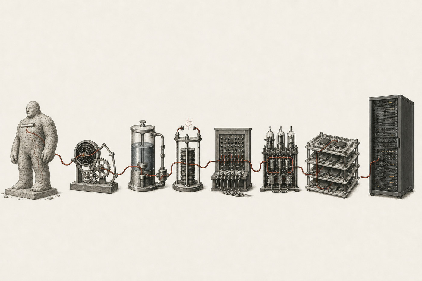 A clay golem with an inscribed slip, then clockwork, hydraulics, electricity, telecommunications, valves, logic circuits and a server rack, all connected by one continuous signal path.