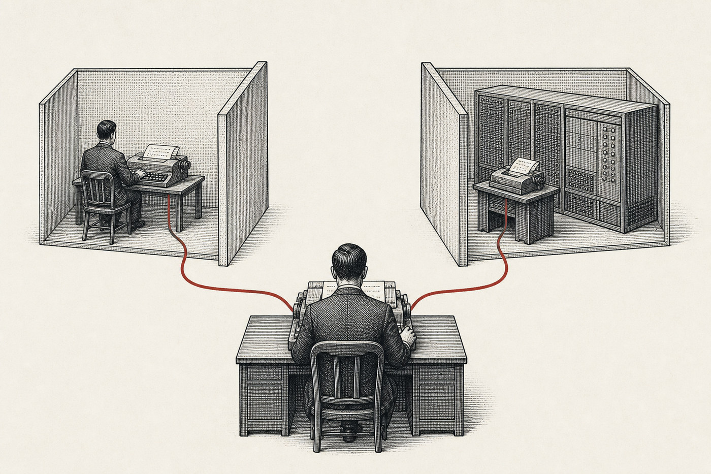 An interrogator communicating by teleprinter with a hidden human and a hidden computer.