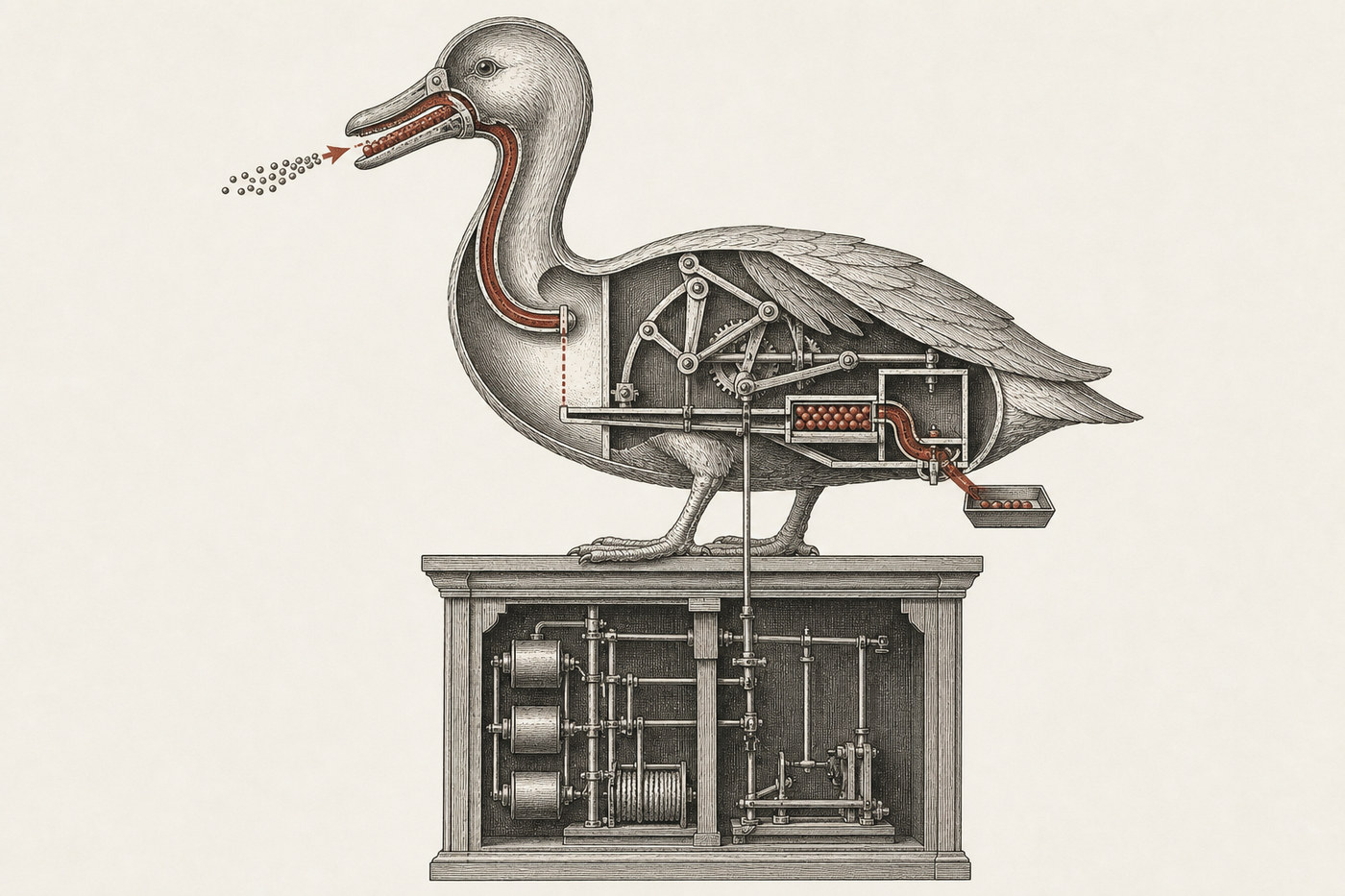 Vaucanson’s Digesting Duck showing the feeding path and the separate preloaded pellet path.