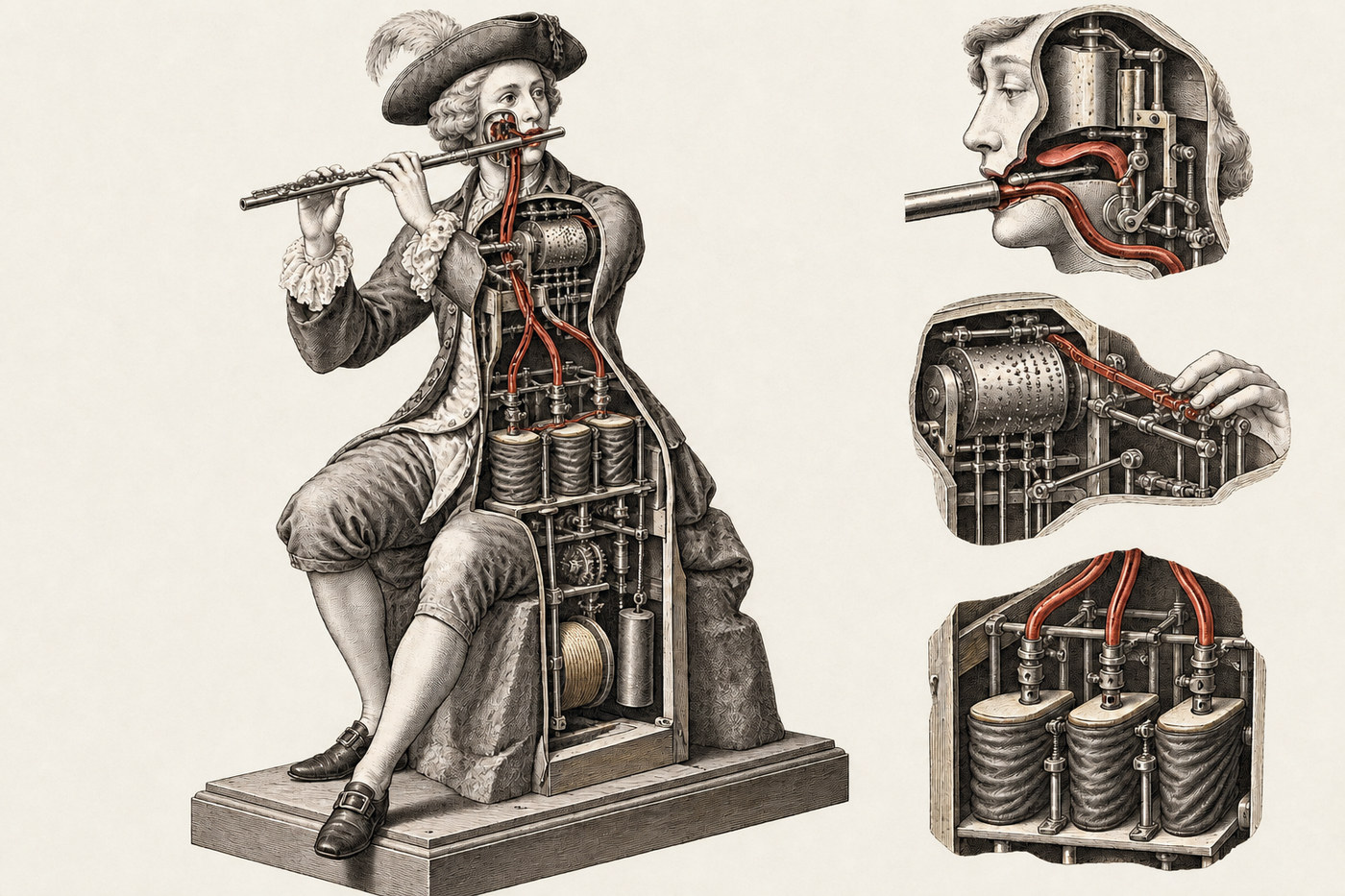 Vaucanson’s Flute Player with bellows, three airflow paths and cam-driven controls exposed.